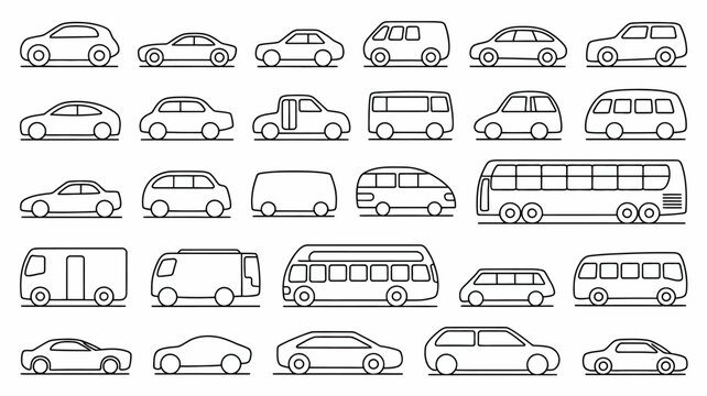 A collection of various vehicle outlines is displayed including cars vans buses and trucks arranged in neat rows high quality professional detailed modern elegant stylish clean