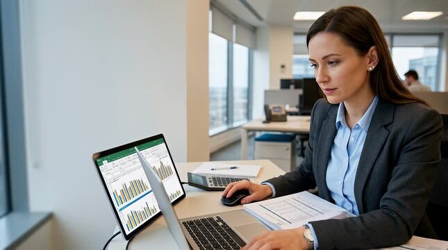 This image opens with a professional woman seated at a sleek desk, focused on her laptop displaying data charts, surrounded by a bright, modern office. As the scene unfolds, her hand gently moves towa