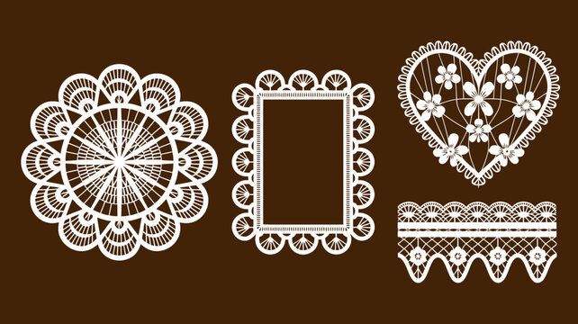 An illustration depicts three white lace doilies and a strip of lace all set against a dark brown background high quality professional detailed modern elegant stylish