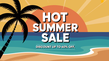 A vibrant promotional graphic depicts a tropical scene with a large hot summer sale text overlay and a discount offer high quality professional detailed modern elegant © Peradox