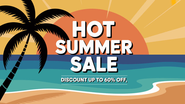A vibrant promotional graphic depicts a tropical scene with a large hot summer sale text overlay and a discount offer high quality professional detailed modern elegant