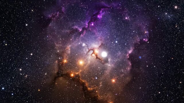 Stunning deep space nebula with vibrant purple gas clouds and bright stars in the cosmic universe.