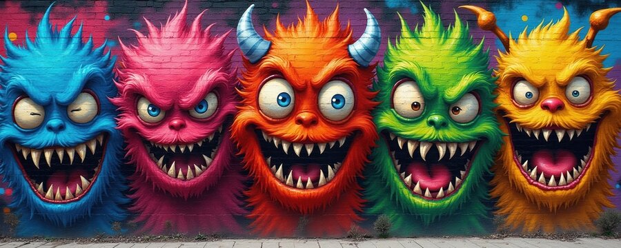 Five colorful fluffy monsters with sharp teeth. These cartoon creatures have big eyes and wide smiles. Vibrant street art mural features playful, funny faces.