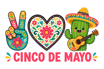 Naklejka premium Cinco De Mayo Cute Cactus with Guitar Peace Hand and Floral Heart Mexican Fiesta Illustration