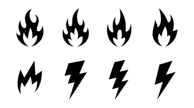 A collection of black vector icons depicting stylized flames and lightning bolts arranged in a grid format against a white background high quality professional detailed modern