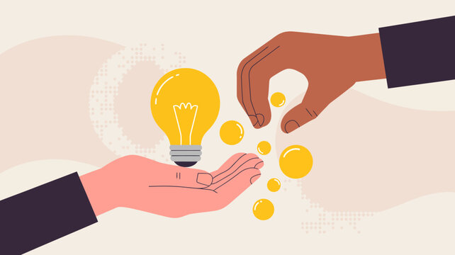 Two hands one light and one dark exchange coins and a glowing lightbulb symbolizing innovation and support high quality professional detailed modern elegant stylish clean crisp