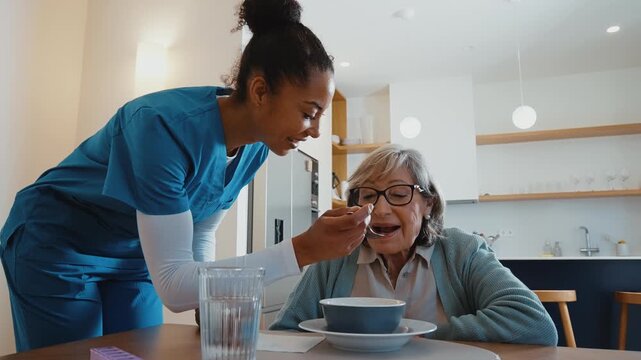 Kind caregiver feeding a senior woman with soup during mealtime at a retirement home. Helpful young nurse providing support and assistance to an older patient. Ensuring her nutritional needs are met	