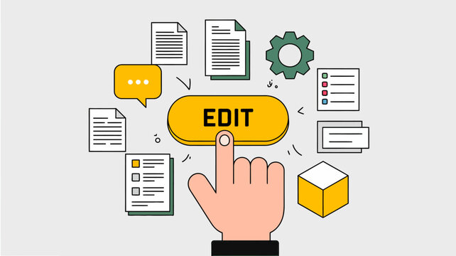 A hand is shown pressing the yellow edit button surrounded by various document and process icons symbolizing digital modification high quality professional detailed modern elegant stylish