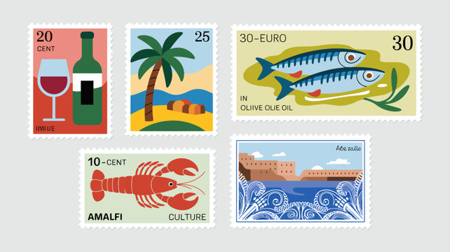 A collection of colorful postage stamps depicts iconic italian imagery like wine palm trees seafood and coastal landscapes high quality professional detailed modern elegant stylish clean