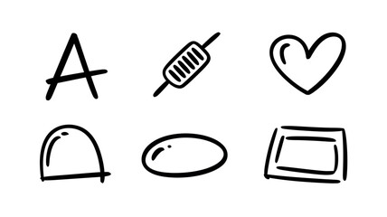 A collection of six hand drawn black and white doodle shapes including a letter heart and various geometric forms high quality professional detailed modern elegant stylish © Peradox