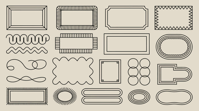 An assortment of thin black linear frames and decorative borders are presented on a beige background offering diverse design elements high quality professional detailed modern elegant
