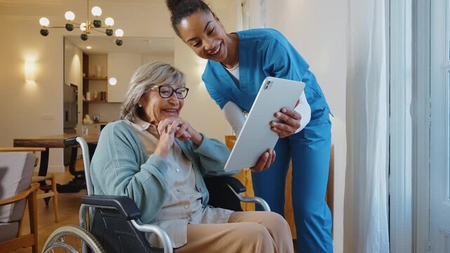 Supportive caregiver assisting a senior woman with a walker during rehabilitation at a nursing home. The patient is receiving professional help with mobility for a better and healthier life