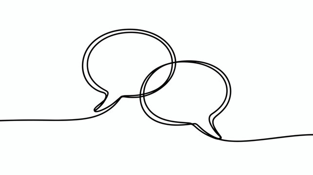 A minimalist continuous line drawing depicts two overlapping speech bubbles suggesting conversation or communication in a simple style high quality professional detailed modern elegant stylish clean