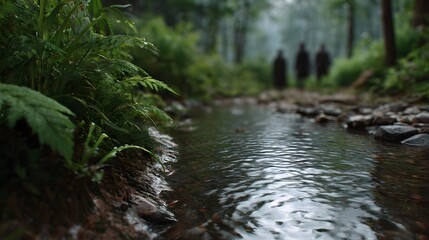 Fototapeta premium A mysterious group of figures walks along a secluded overgrown forest stream highlighting the deep natural environment