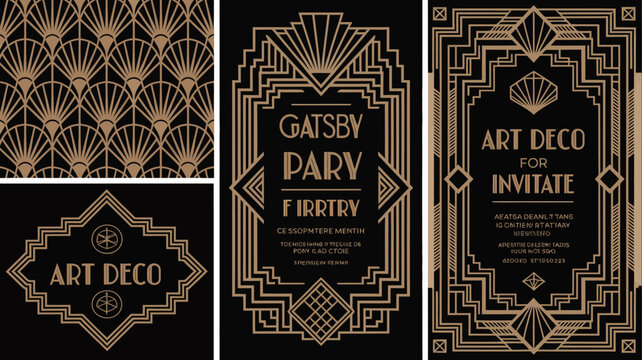 A collage displays four art deco designs featuring geometric patterns gold tones and elegant typography on dark backgrounds high quality professional detailed modern stylish clean crisp