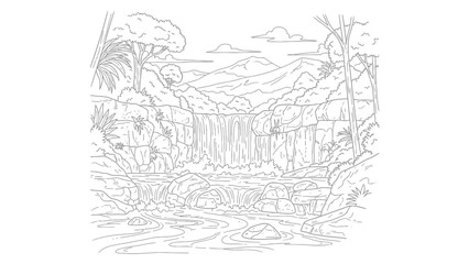 Naklejka premium Beautiful tropical waterfall scene in a serene natural jungle landscape