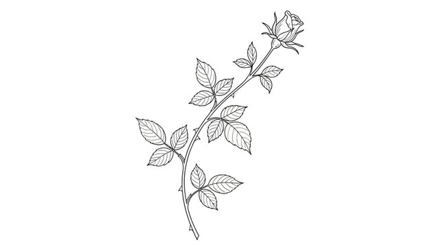 Line art illustration of a single rose flower with stem and leaves
