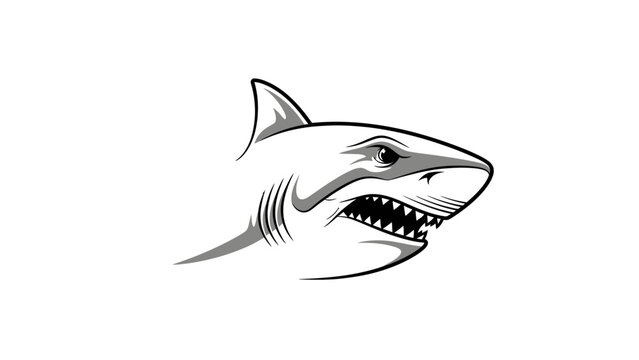 Aggressive shark head with bared teeth in monochrome illustration.