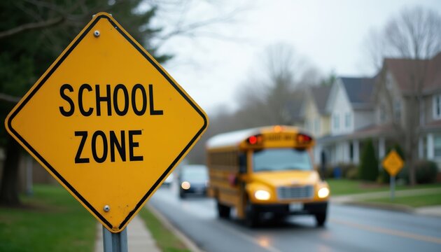 Yellow diamond school zone warning sign with blurred yellow school bus on suburban street. Caution, slow down for children walking near neighborhood homes and traffic.