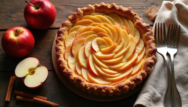 Rustic apple tart with sliced apples arranged in spiral pattern on wooden table. Two whole red apples, halved apple sit beside cinnamon sticks. Forks rest on beige cloth near pastry. Close-up shot of