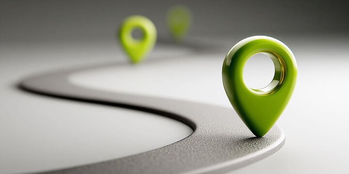 Minimalistic 3D illustration of bright green map location pins placed along a smooth curved path on a neutral gray background