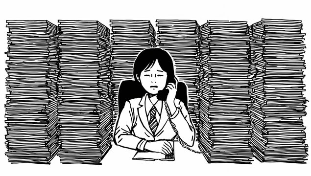 書類に囲まれて電話応対する日本人コール業務担当者のイラスト