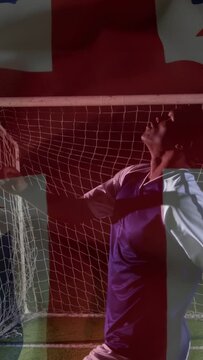 Vertical video: Player tracking overhead, doing backflip at goal net, red-blue lighting training