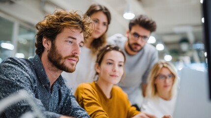 Fototapeta premium Focused Collaboration: A group of individuals is immersed in deep concentration, their attention riveted on a shared project.