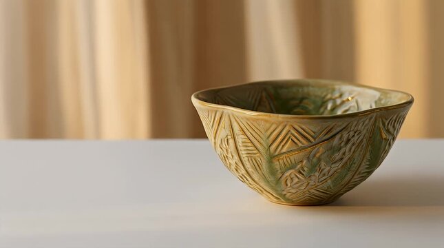 This image opens with a beautifully crafted ceramic bowl featuring intricate patterns, set against a soft white background that enhances its elegance. As the scene begins, the bowl experiences subtle 