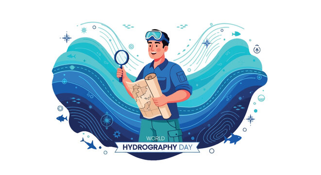 Man holding magnifying glass and map on World Hydrography Day with ocean waves
