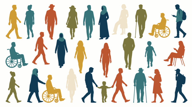 Diverse silhouettes of people of all ages and abilities walking, representing community and inclusion in a colorful graphic illustration