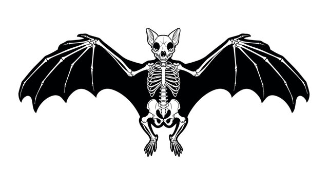 A black and white illustration of a bat skeleton with wings spread wide on a white background.