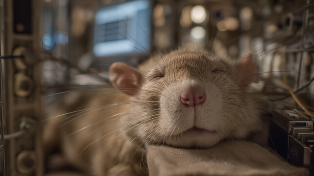 Graduate researcher adjusts fiber optic patch cable on anesthetized rodent head mount inside Faraday cage, optogenetics cortical recording in vivo brain stimulation neuroscience animal research elec