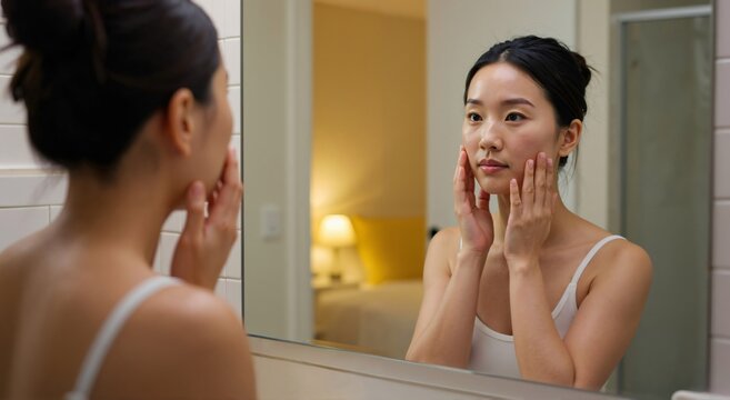Woman looking at herself in the mirror. Asian girl touching her cheek. Daily skin care routine. Morning facial treatment.