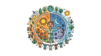 A cartoon man stands in a circular illustration of day and night with people, plants, and animals. © Marsya