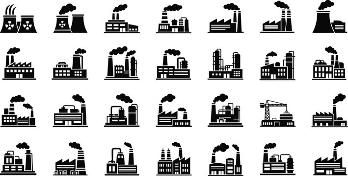 Industrial factory icon set featuring power plants, nuclear stations, manufacturing warehouses, oil refineries, and chimney smoke silhouettes on white background