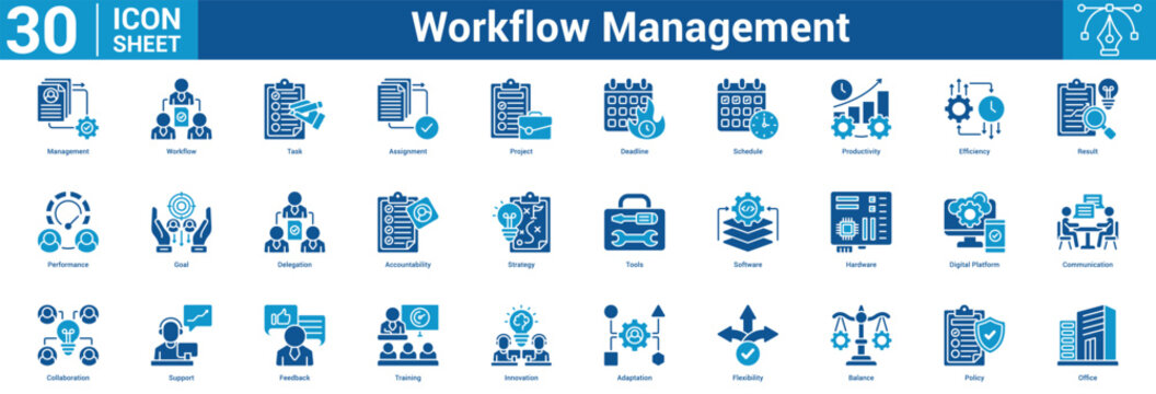 Workflow Management editable icon set vector illustration concept for business with icon of Management, Workflow, Task, Assignment, Project, Deadline, Schedule, Productivity, Efficiency, Result.