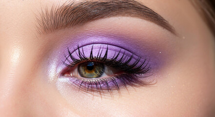 Fototapeta premium Macro shot of woman eye with shimmery purple lavender eyeshadow. Bold pastel eye makeup. Spring and summer beauty concept