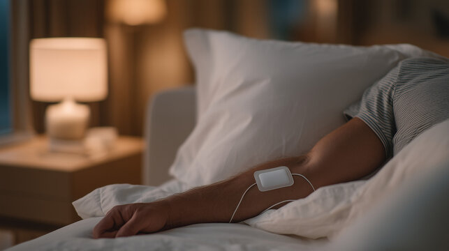 Wearable continuous glucose monitor worn during sleep, closeup of sensor patch on arm against white pillow, soft warm bedside lamp glow, overnight glucose monitoring diabetic sleep hypoglycemia prev