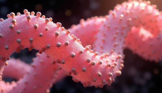 Pink helix structure with small bumps, 3D render medical background. Nanotechnology research, biomaterial mesh, cellular therapy, advanced science concept.