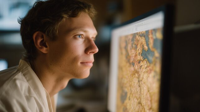 Nanoscale scanning electron microscope image of amyloid beta plaque fibrils on monitor in dark lab, researcher's face reflected in screen glow, Alzheimer protein accumulation ultrastructure imaging 