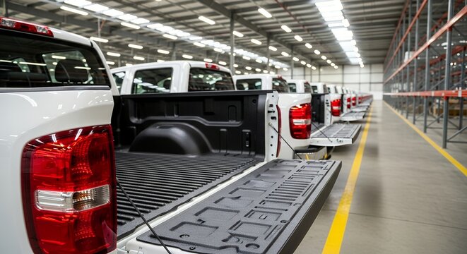 Row of new white pickup trucks on assembly line in modern automotive factory