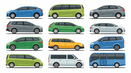 A collection of various modern family cars and vans are displayed in a grid layout showcasing different colors and styles high quality professional detailed elegant stylish