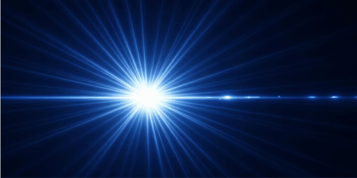 Bright abstract blue star burst background featuring an energetic light explosion with glowing rays and a shining laser beam design in space