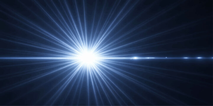Bright abstract blue background with a glowing light burst and energy rays featuring a shining star flare and laser beam design for a space explosion illustration