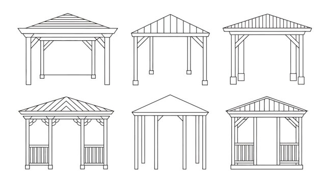 This illustration depicts six different gazebo designs showcasing varying roof styles and structural supports in a minimalist line drawing high quality professional detailed modern elegant stylish