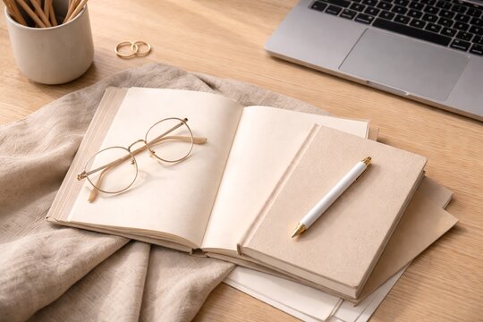 A desk still life with a warm sensibility featuring glasses, a notebook, and a pen