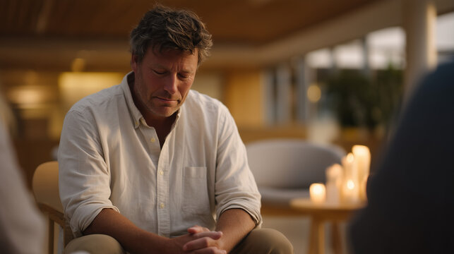 Middle-aged widower sits in a hospital grief support circle, head bowed, crumpled tissue in his fist, circle of hands reaching toward his knees from others in folding chairs, candlelit center table,