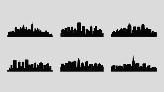 A collection of six black silhouettes depicting various city skylines against a light gray background showcasing urban landscapes high quality professional detailed modern elegant stylish clean