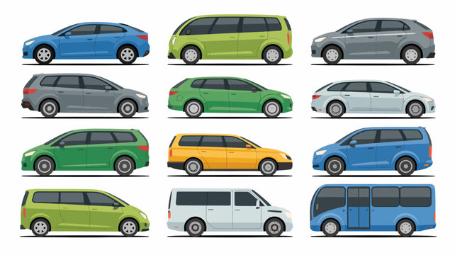 A collection of various modern family cars and vans are displayed in a grid layout showcasing different colors and styles high quality professional detailed elegant stylish